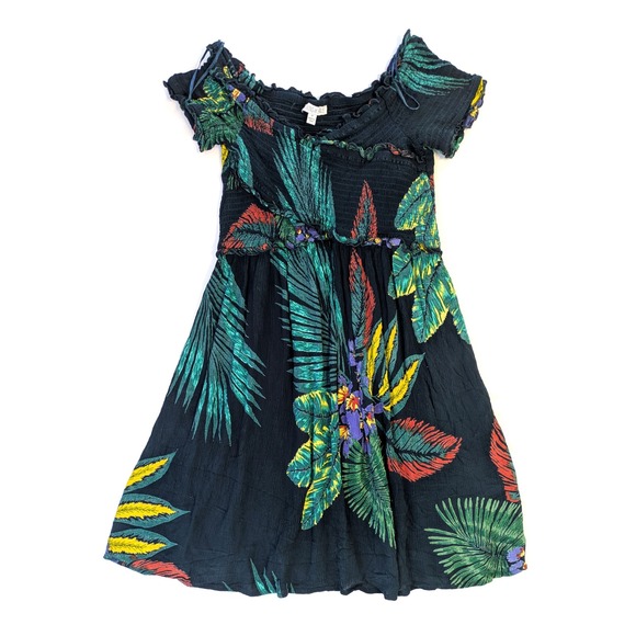 Patrons of Peace Dresses & Skirts - Patrons of Peace Tropical Palm Print Smocked Off Shoulder Mini Dress Navy 19359A